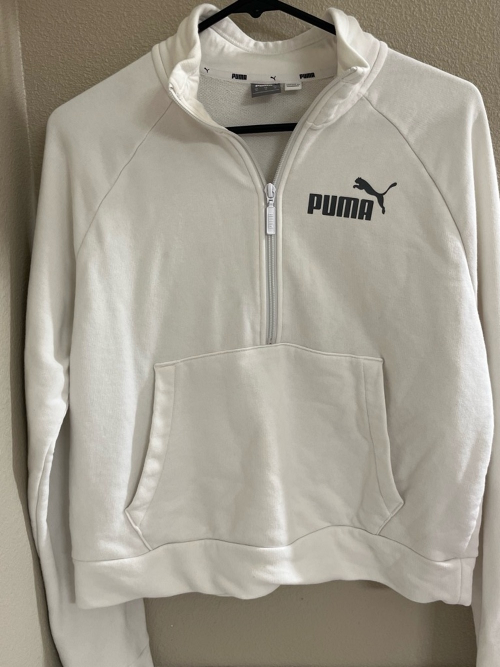 Puma White Women’s Cowl Quarter-Zip Sweatshirt with Black Logo